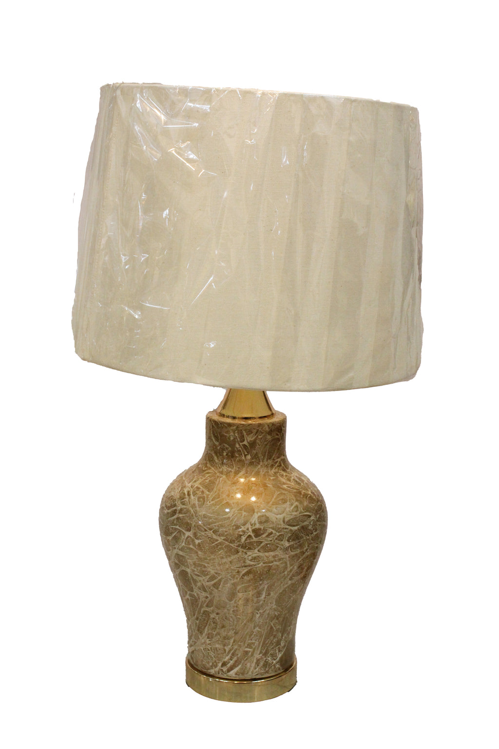 Tall Tapered Ceramic Lamp Base with Warm Gold Crackle Glaze and Brass Plinth (Pair)