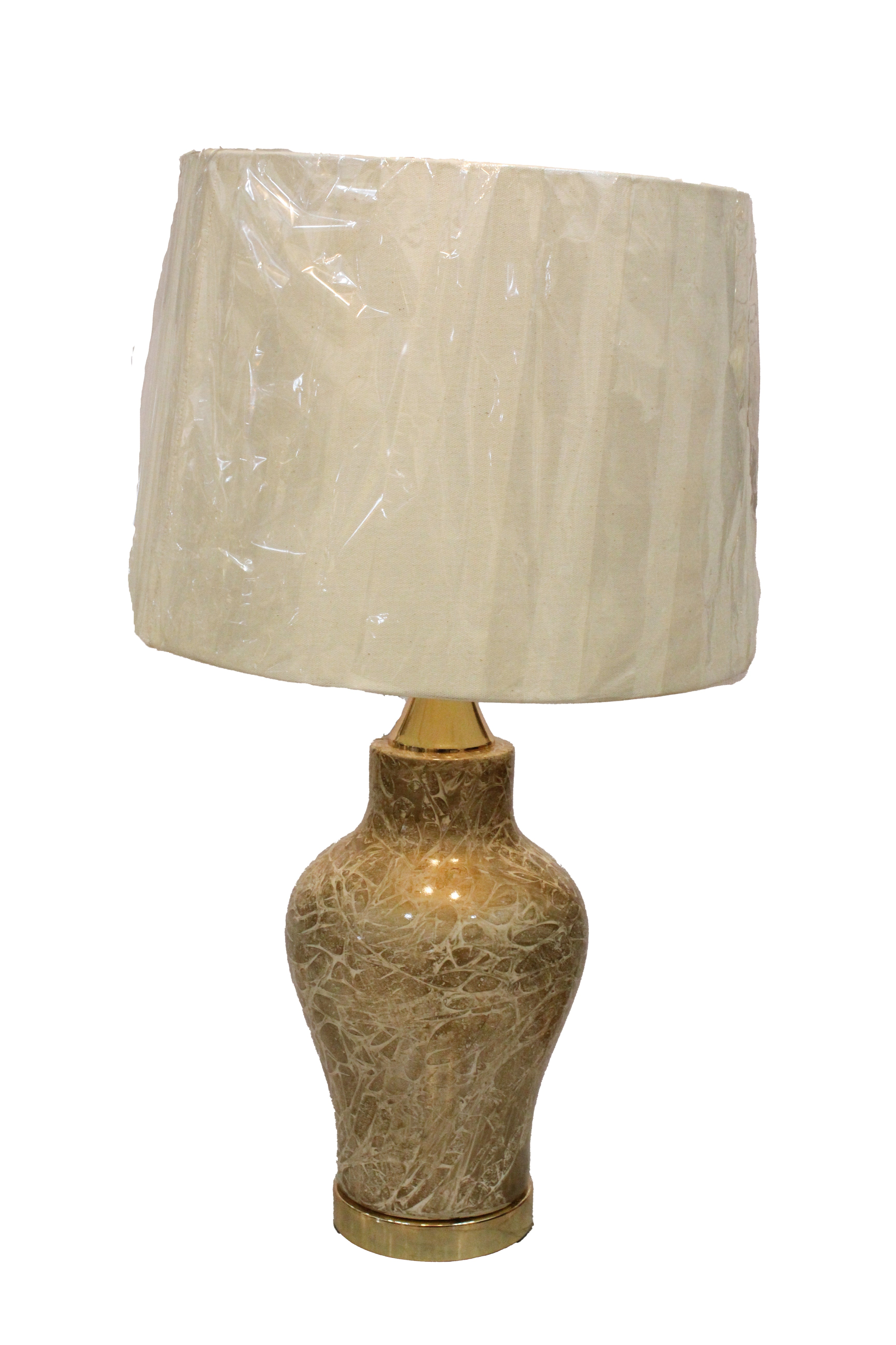 Tall Tapered Ceramic Lamp Base with Warm Gold Crackle Glaze and Brass Plinth (Pair)