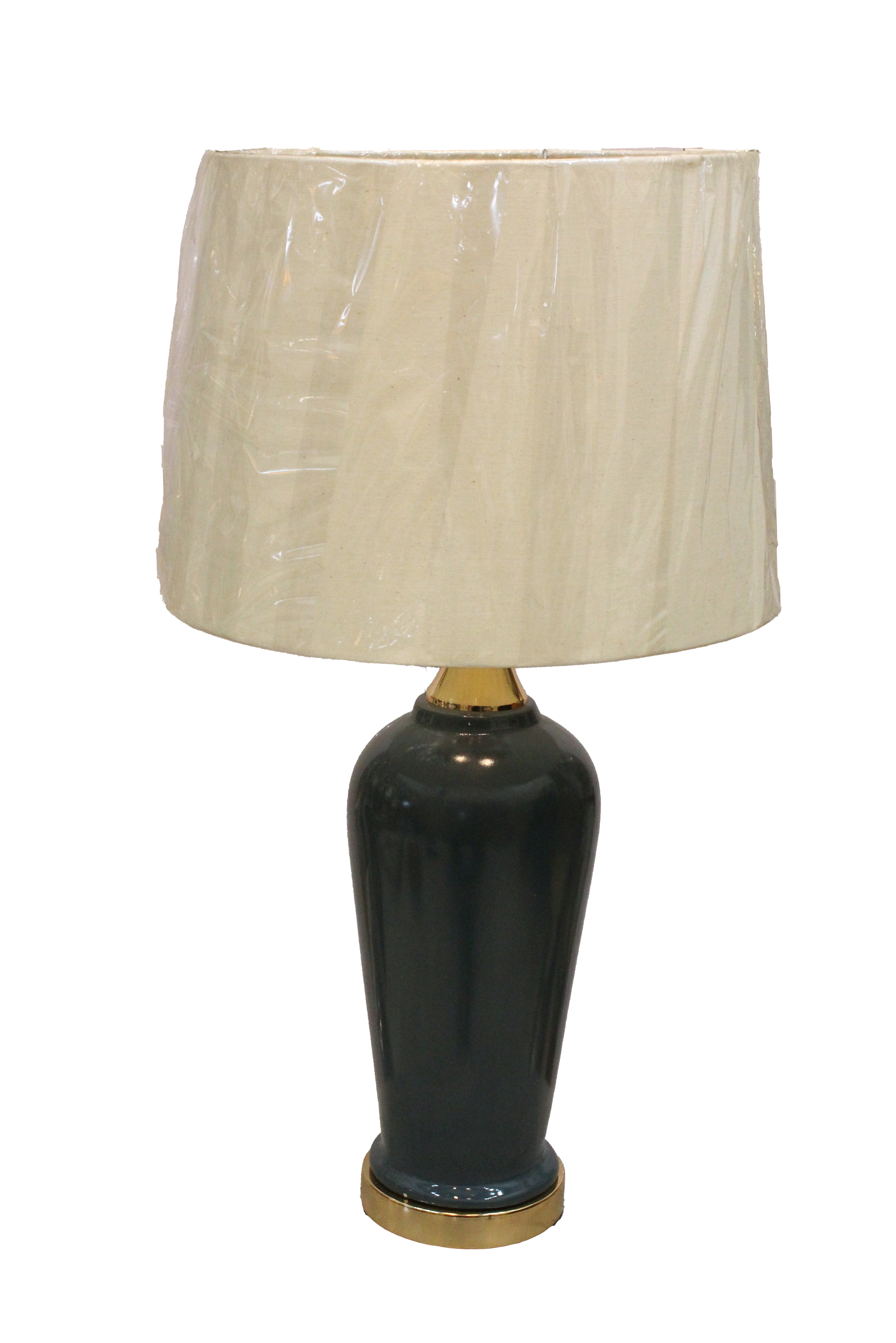 Modern Tall Ceramic Lamp Base in Deep Forest Green/Slate Glaze with Polished Brass Plinth (Pair)