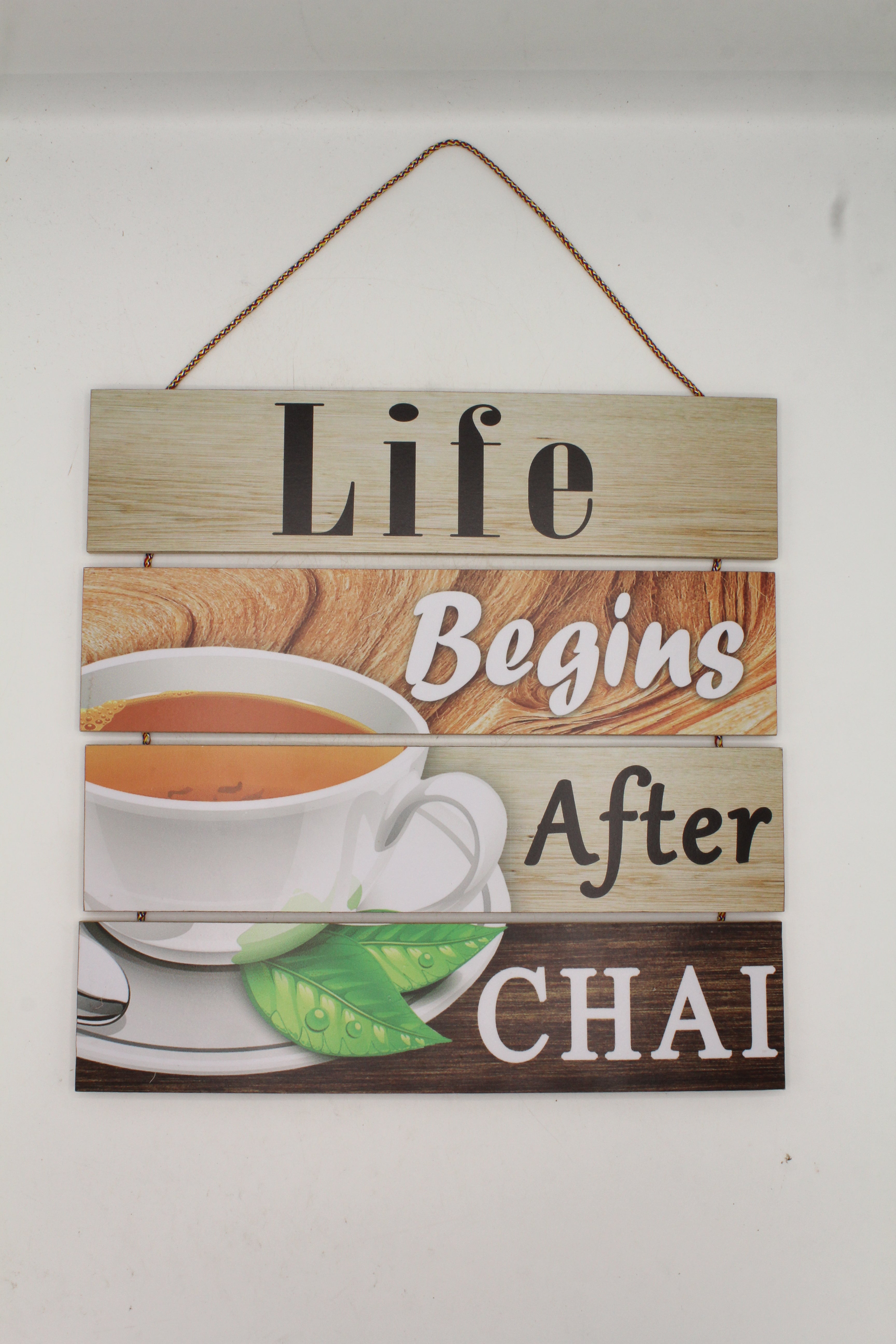 "Life Begins After CHAI" Slat Wooden Wall Sign for Kitchen & Tea Corner