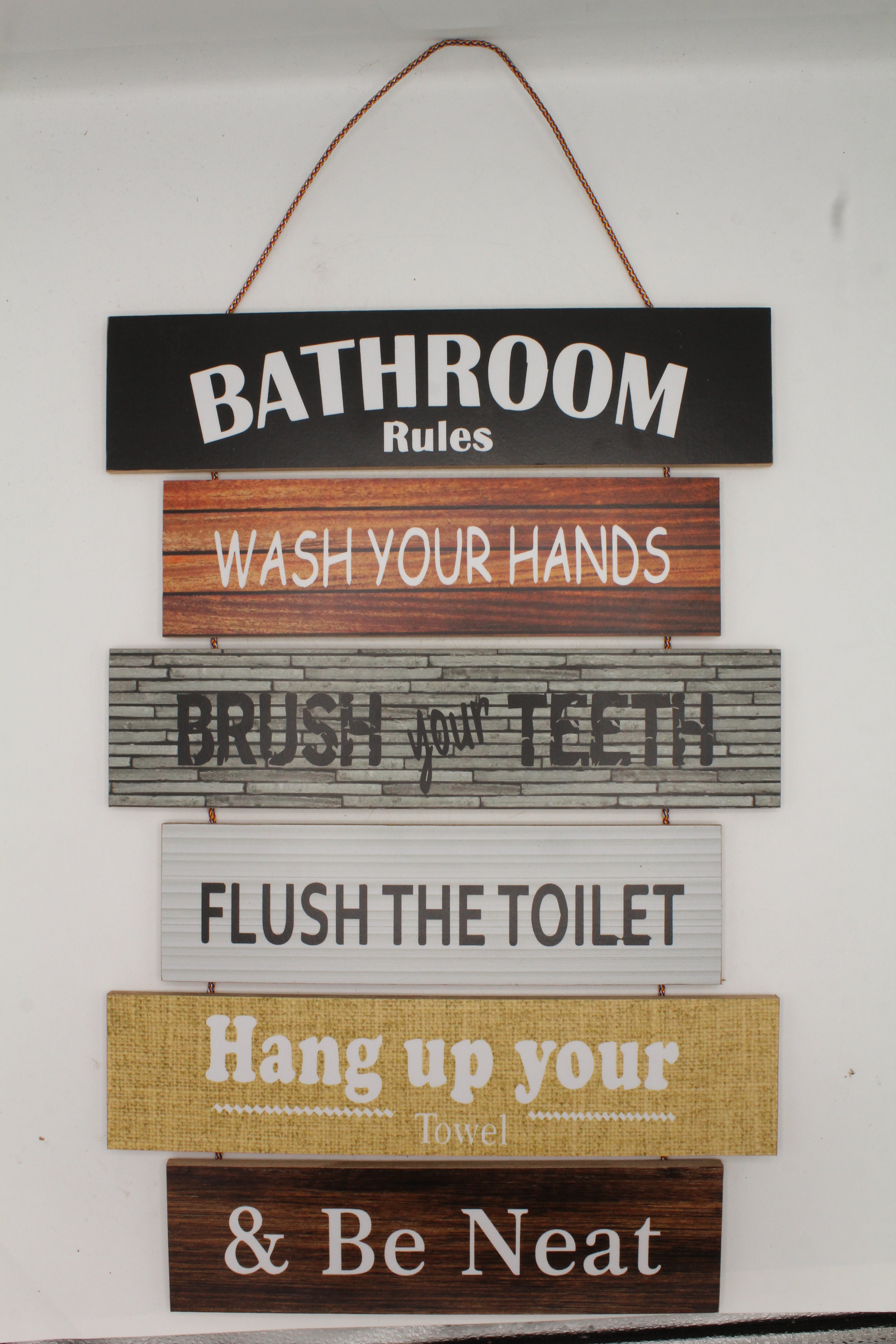 Bathroom Rules Hanging Slat Sign - Wash, Brush, Flush, and Be Neat Decor