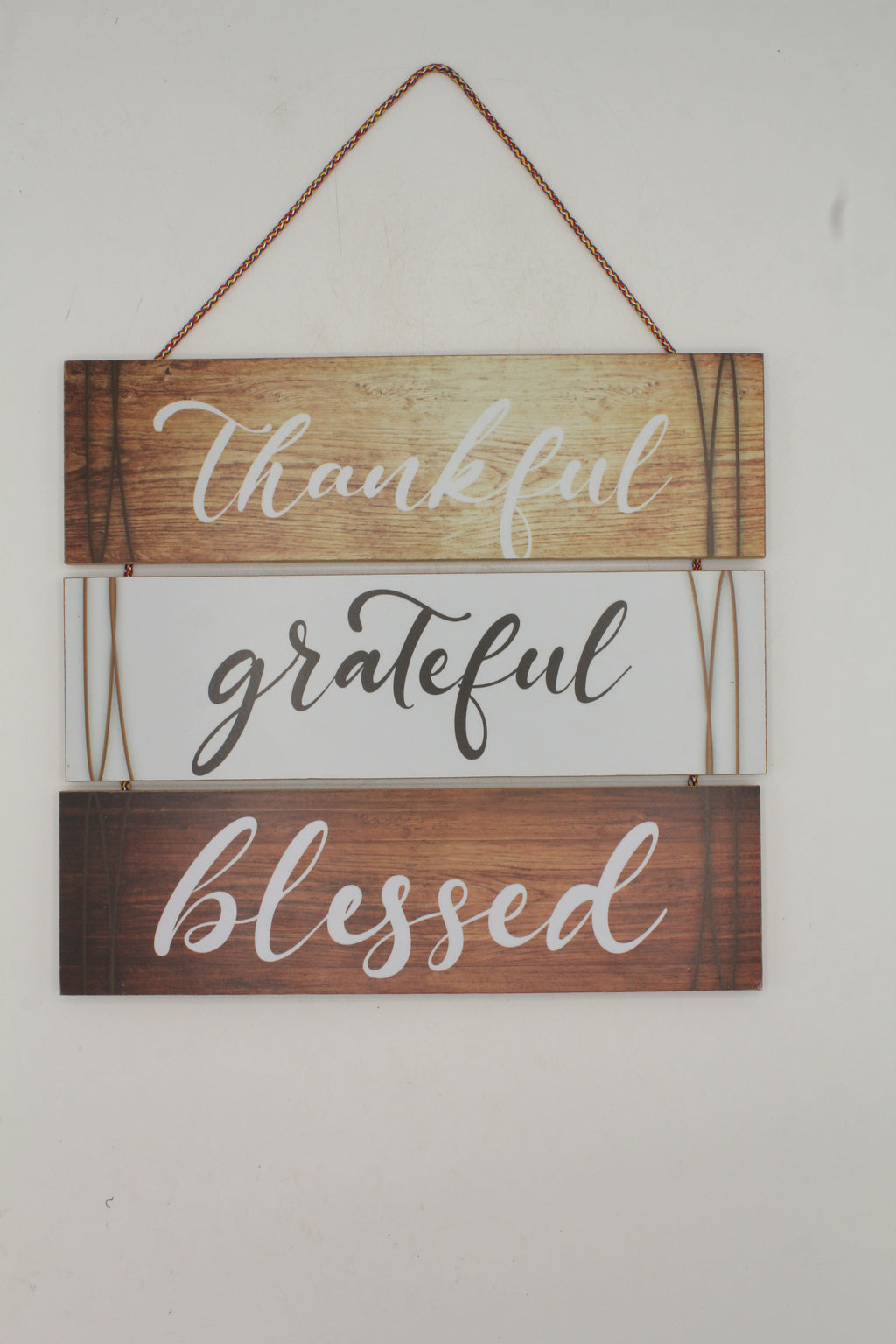 Thankful Grateful Blessed Wood-Look Hanging Wall Sign