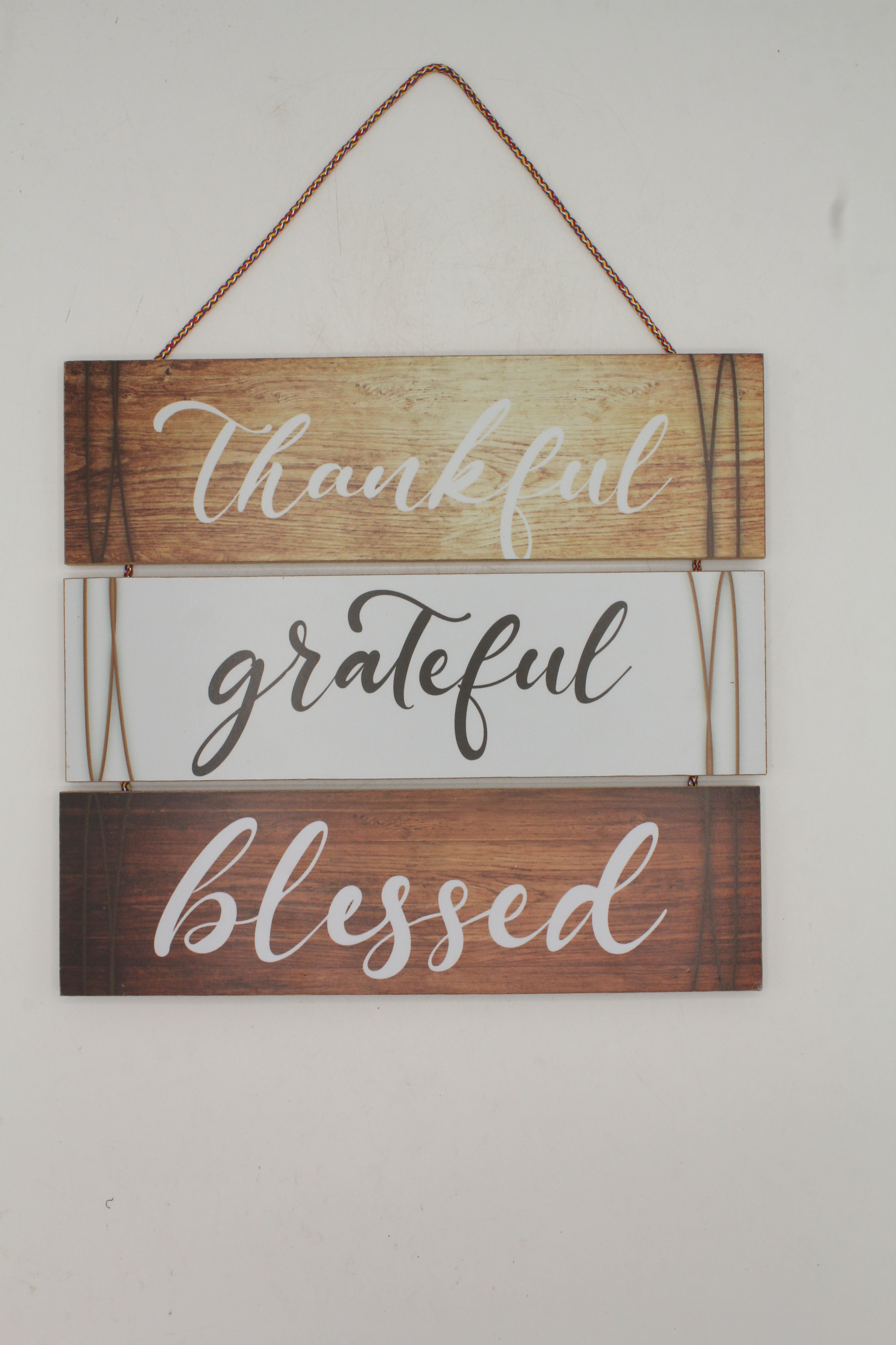 Thankful Grateful Blessed Wood-Look Hanging Wall Sign