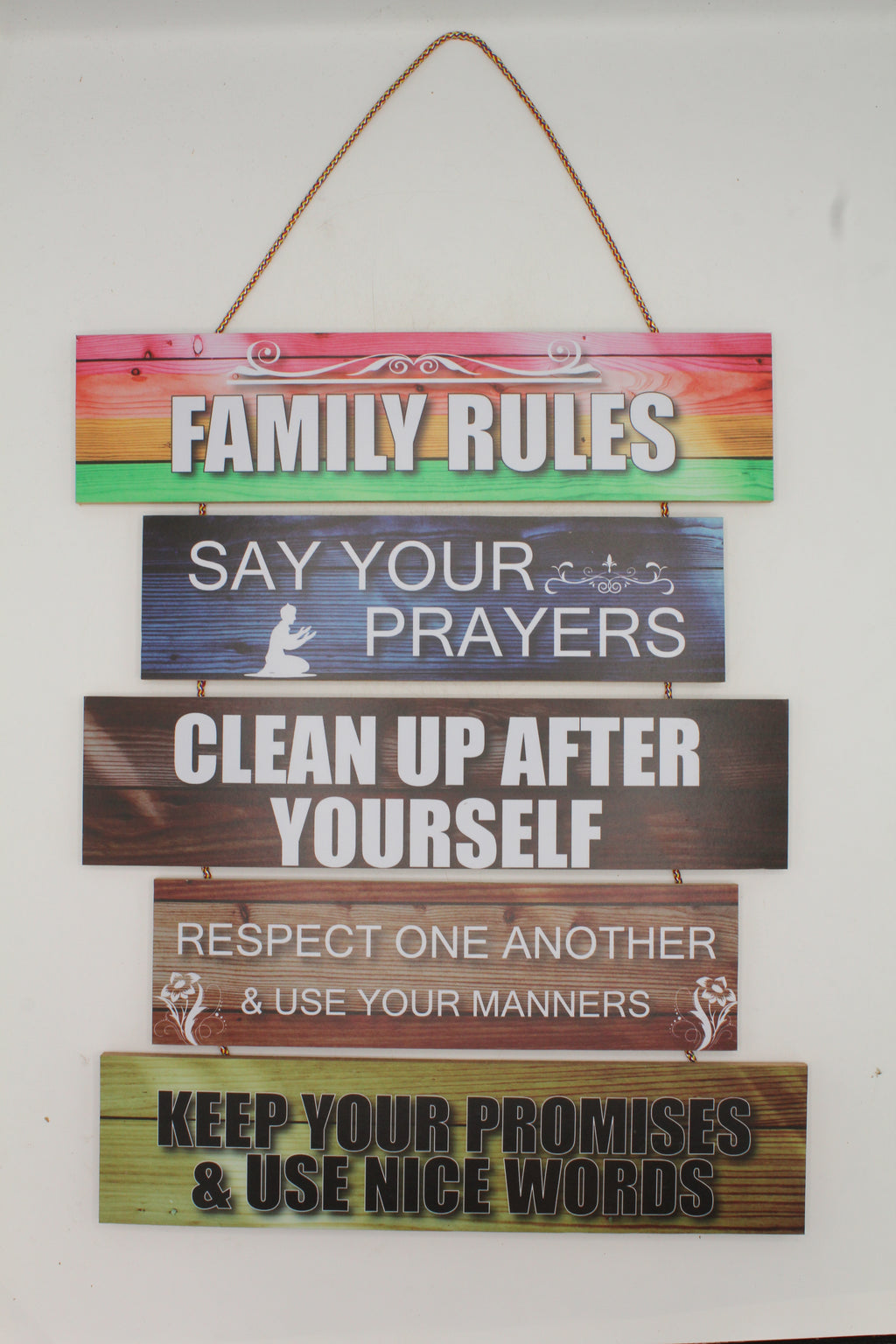 Family Rules Wall Hanging Sign - Prayers, Clean Up, Respect, & Promises