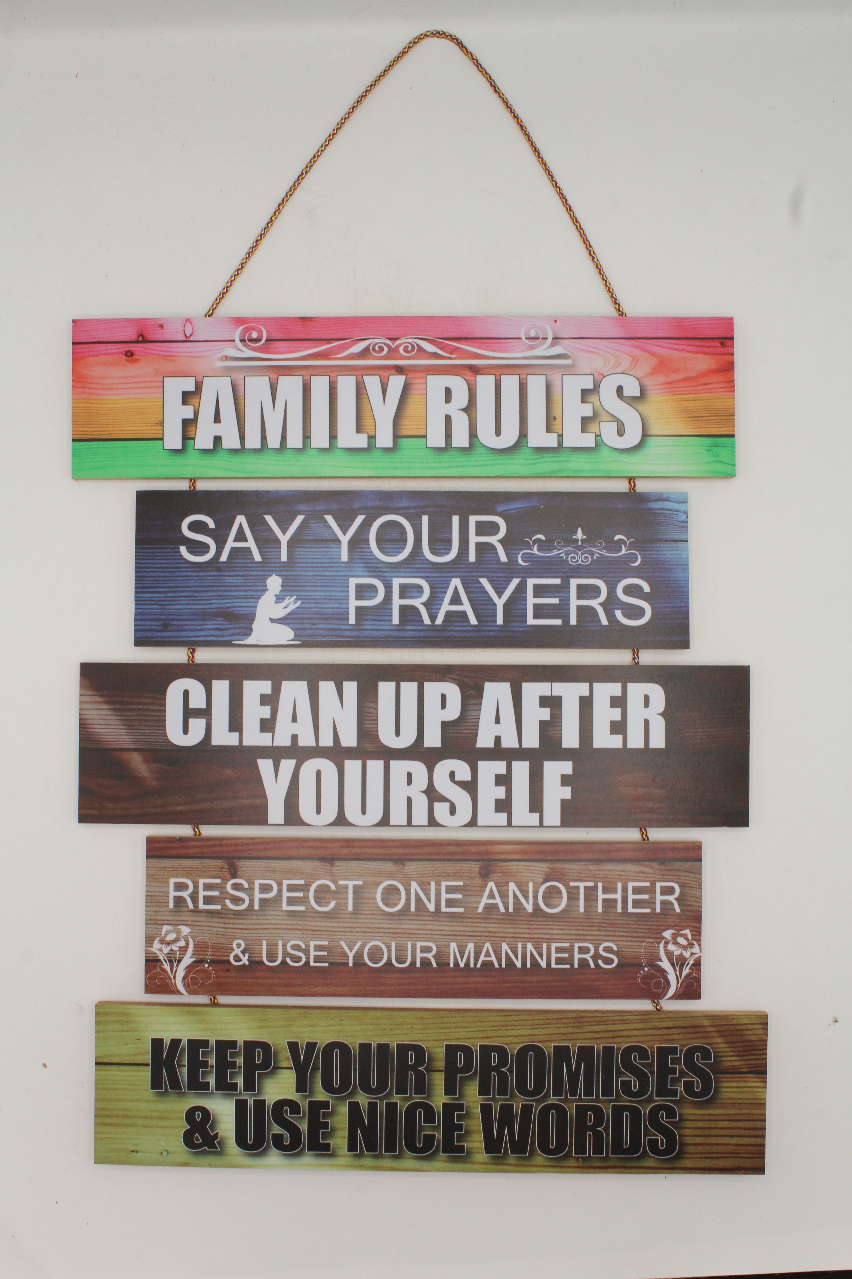 Family Rules Wall Hanging Sign - Prayers, Clean Up, Respect, & Promises