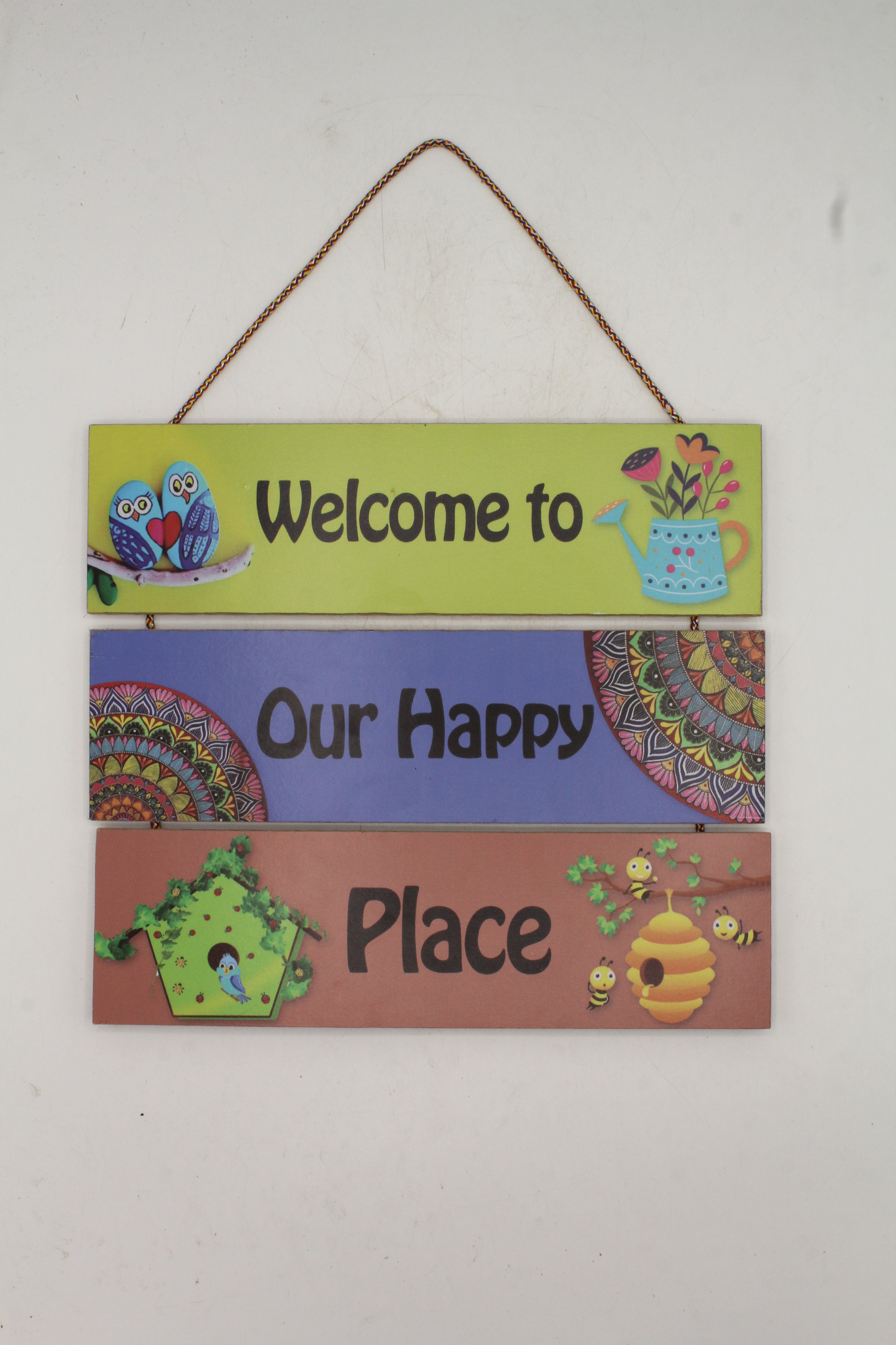 "Welcome to Our Happy Place" Colorful Slat Sign with Owls and Bees