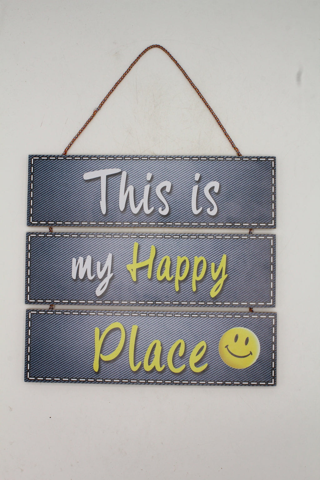 This is My Happy Place" Denim Texture Hanging Slat Sign with Smiley Face