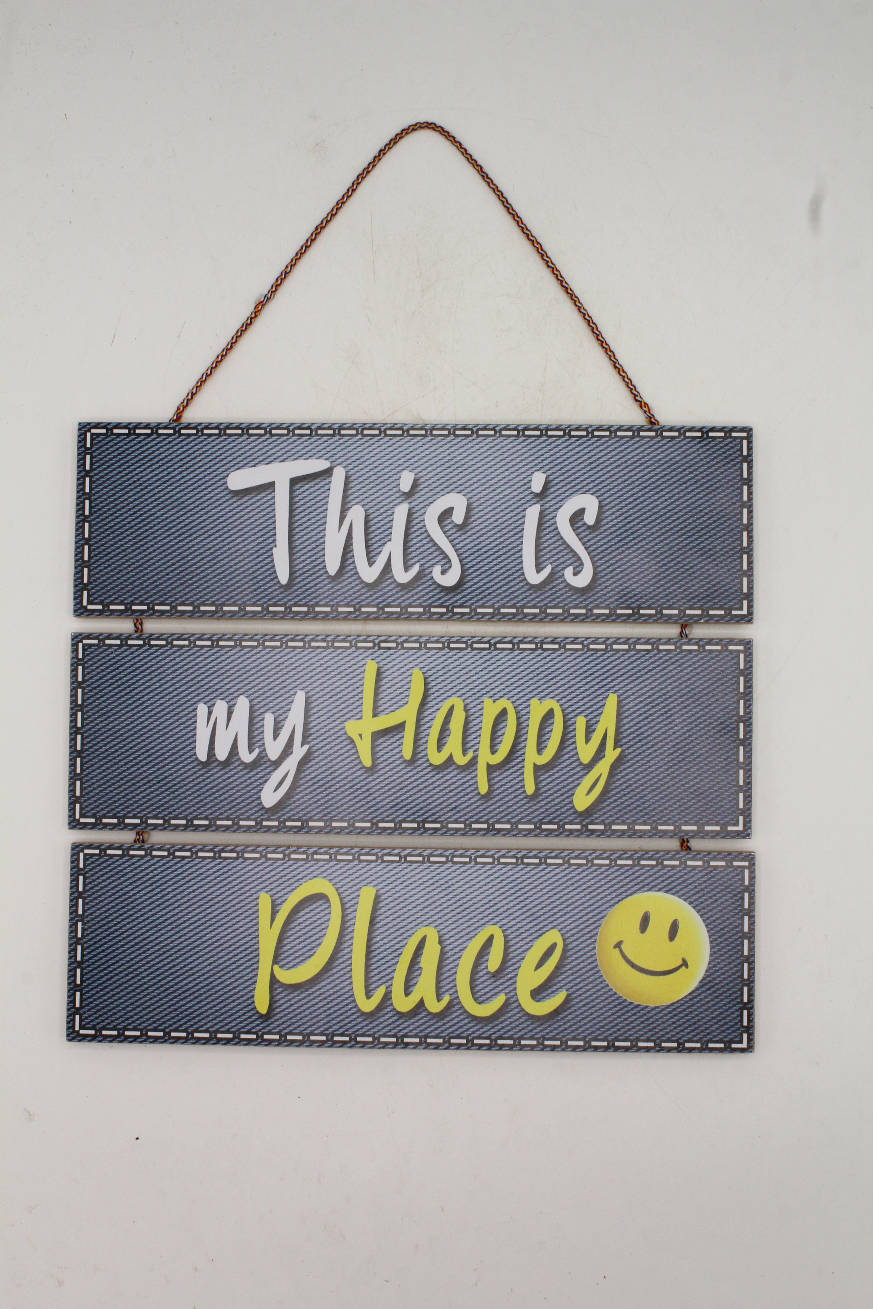 This is My Happy Place" Denim Texture Hanging Slat Sign with Smiley Face