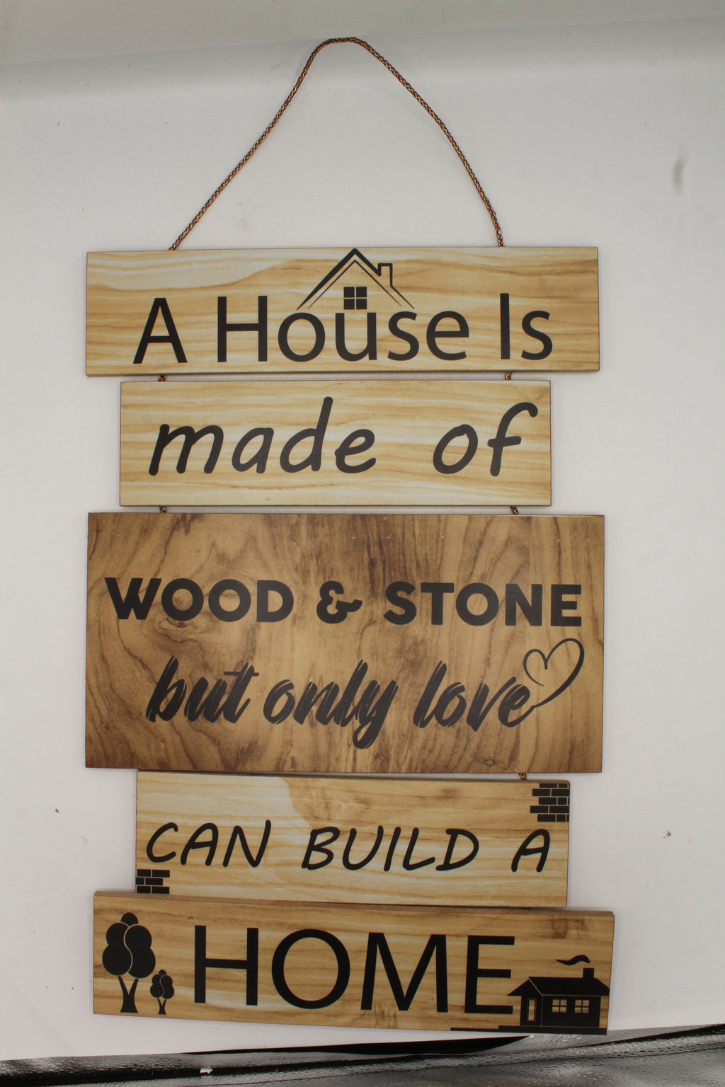 Wood Look "Love Builds a Home" Inspirational Hanging Slat Sign