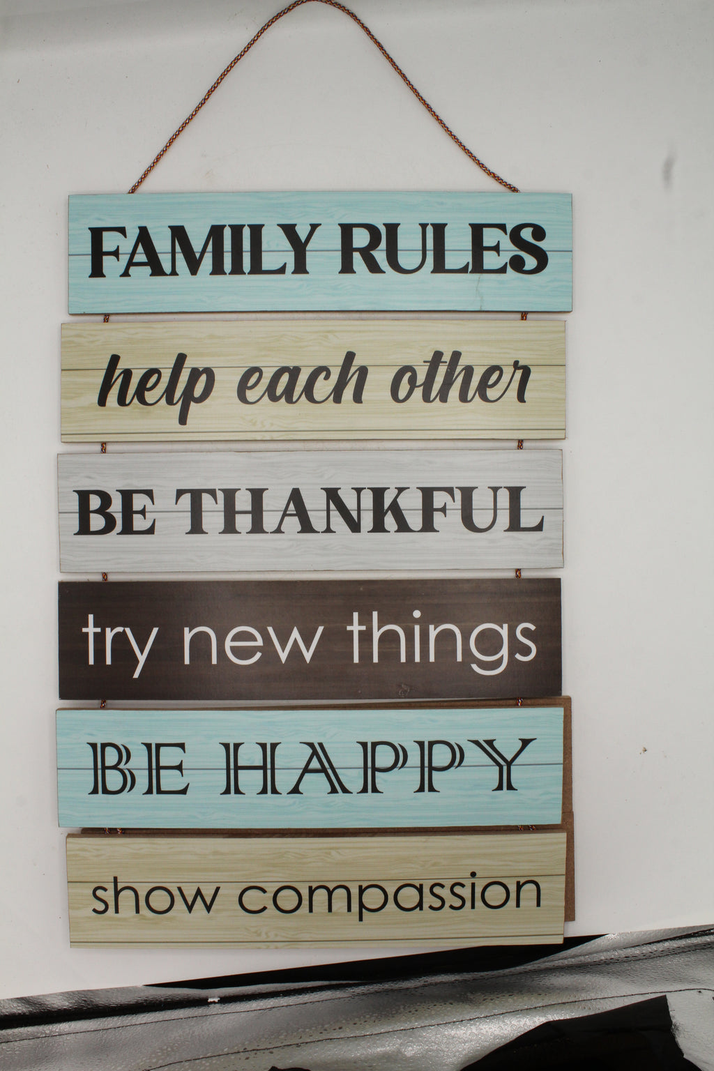 Farmhouse Family Rules Hanging Slat Sign - Thankful, Happy, Compassion Decor