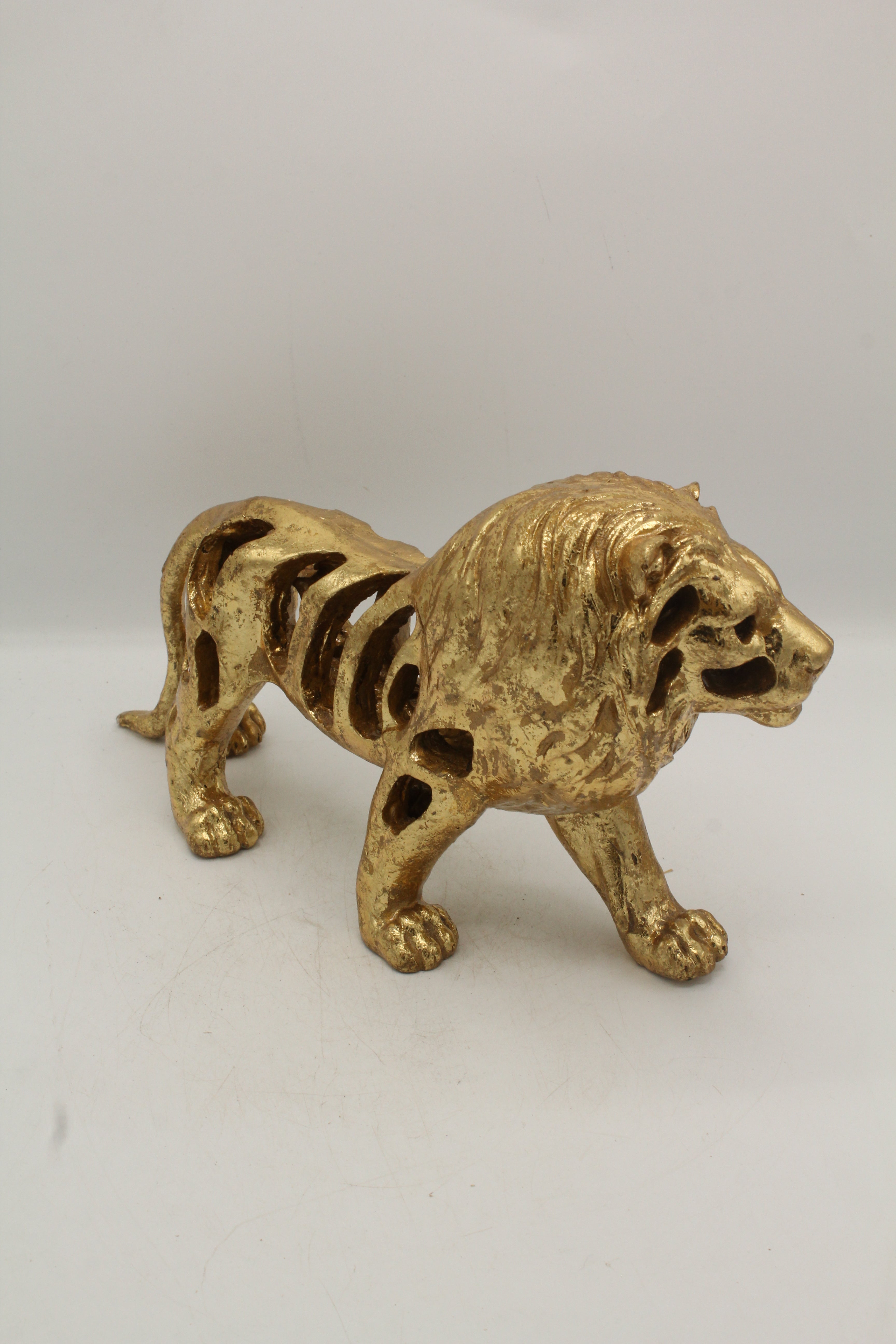 Abstract Gold Skeletonized Lion Sculpture