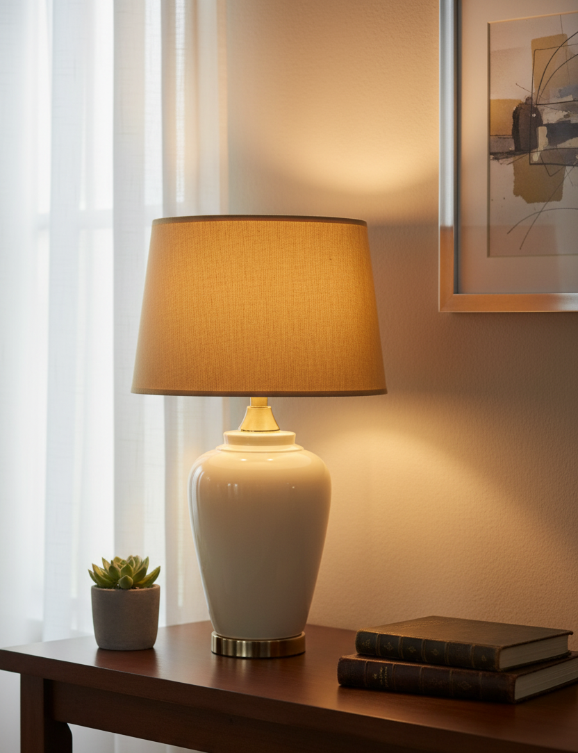 Elegant Cream Glaze Urn Table Lamp with Tapered Gold-Tone Shade and Brass Base (Pair)