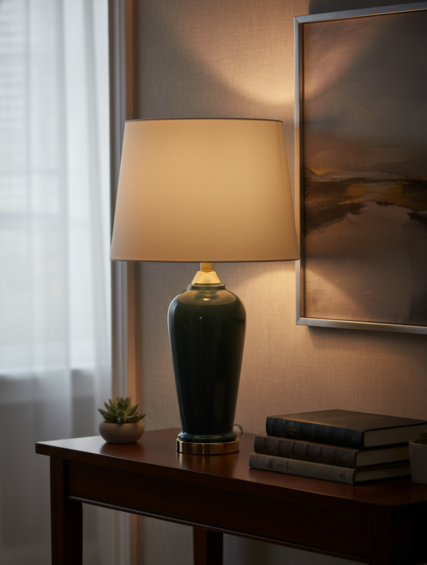 Modern Tall Ceramic Lamp Base in Deep Forest Green/Slate Glaze with Polished Brass Plinth (Pair)