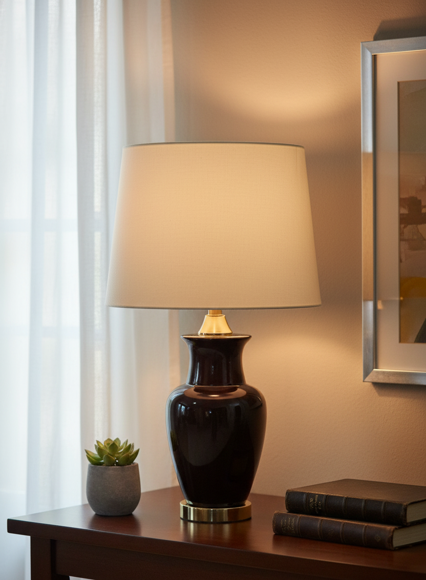 Tall, Sleek High-Gloss Black Porcelain Lamp Base with Polished Brass Accents (Pair)